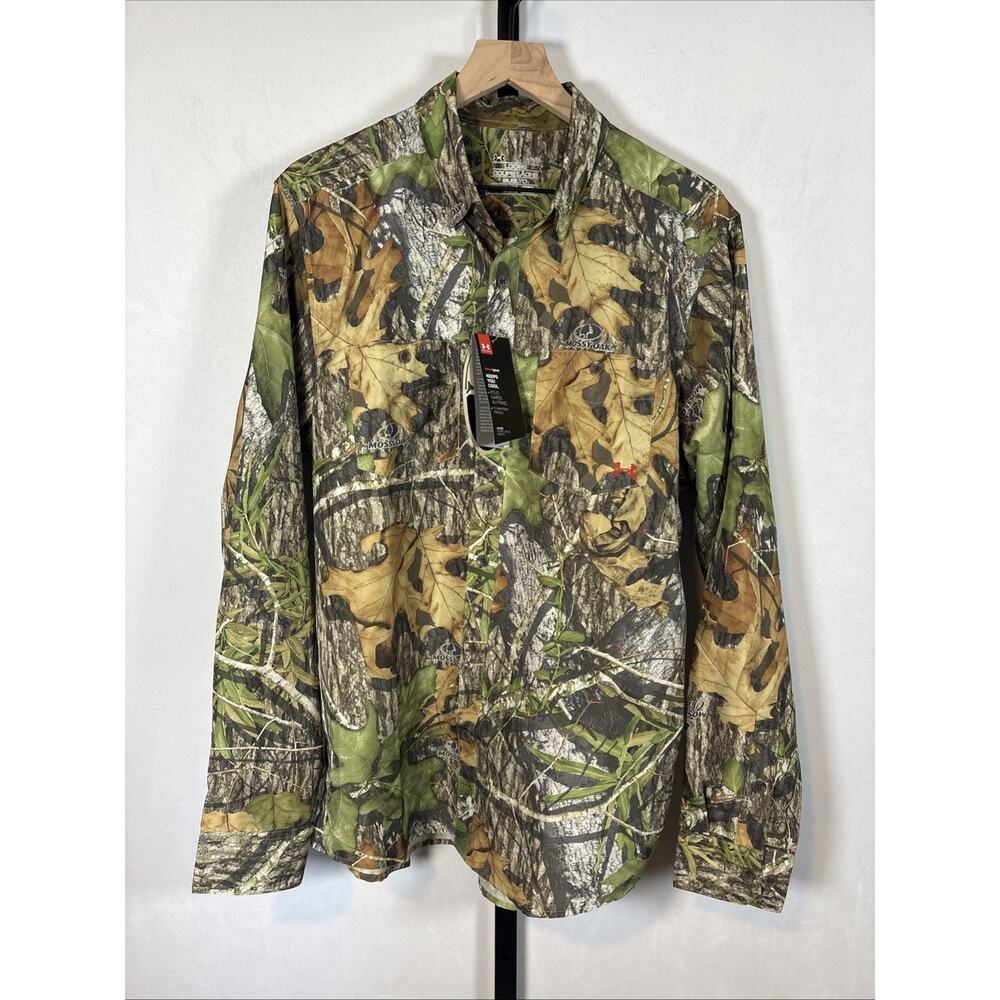 Under Armour Mossy Oak Button Up Camo Shirt Mens Large Loose Heat Gear Hunting